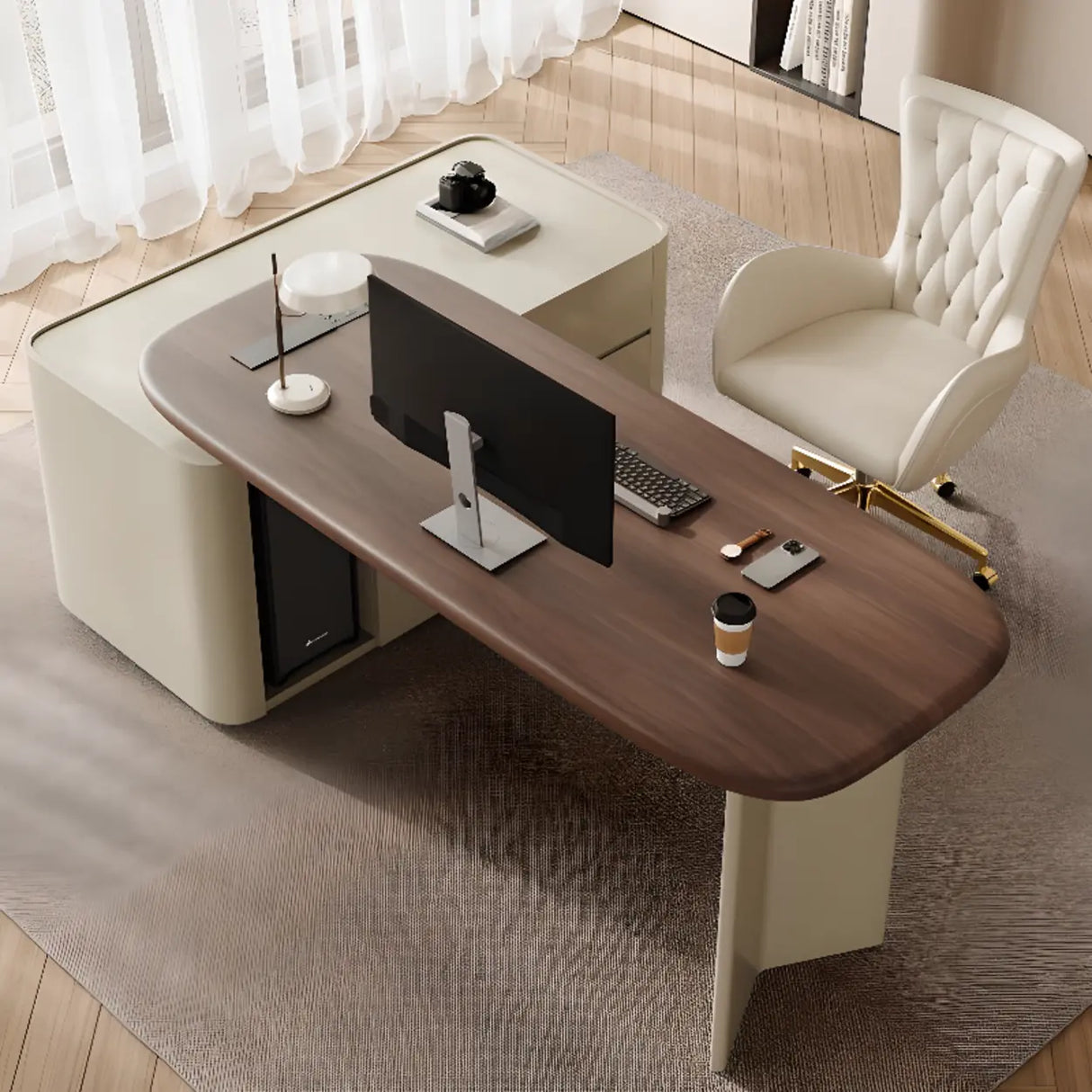 Brown Long Deep Oval Wood Desk with Drawer and Shelves Image - 17