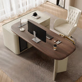 Brown Long Deep Oval Wood Desk with Drawer and Shelves Image - 17