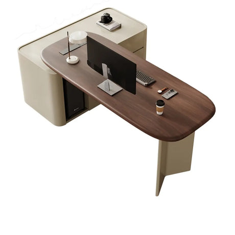 Brown Long Deep Oval Wood Desk with Drawer and Shelves Image - 2