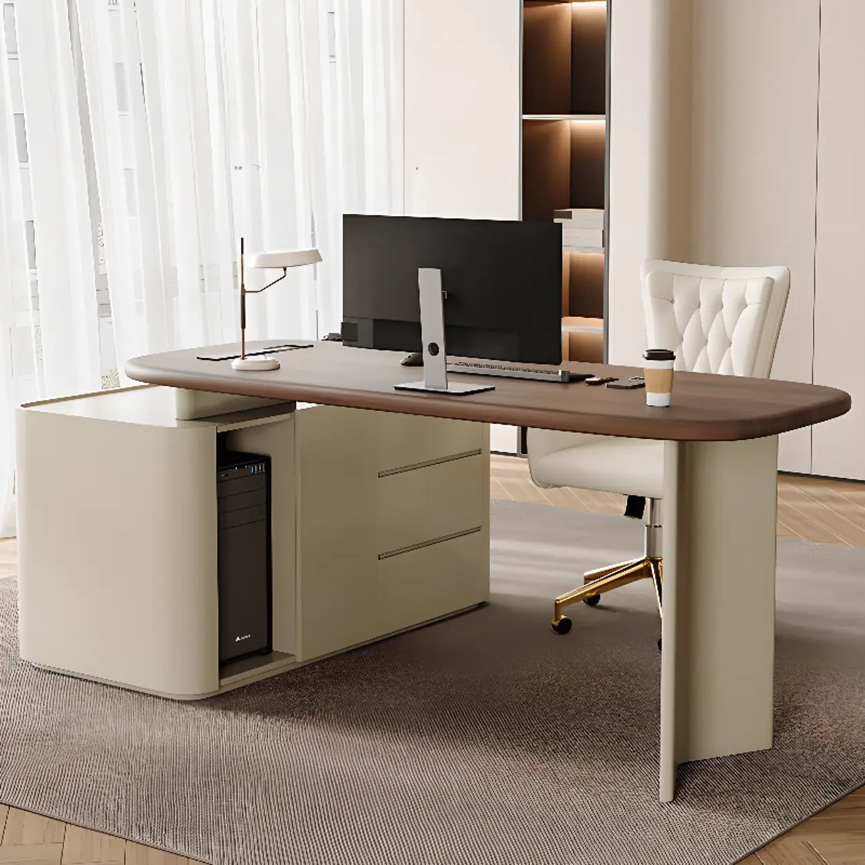 Brown Long Deep Oval Wood Desk with Drawer and Shelves Image - 3