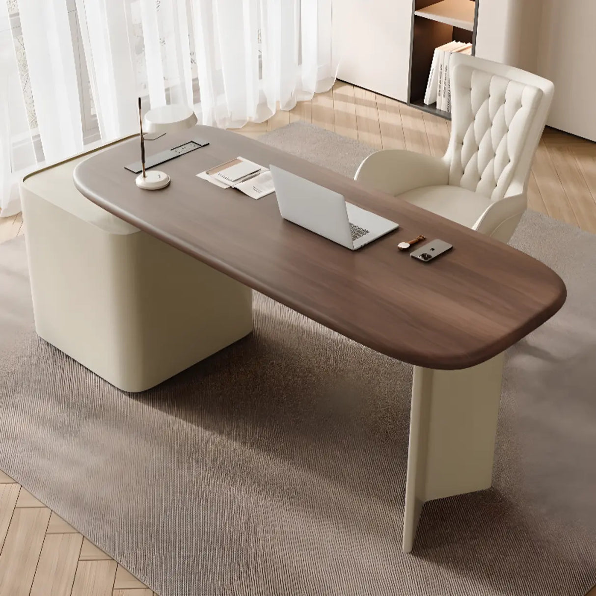 Brown Long Deep Oval Wood Desk with Drawer and Shelves Image - 4