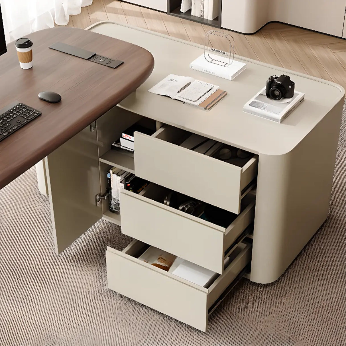 Brown Long Deep Oval Wood Desk with Drawer and Shelves Image - 5