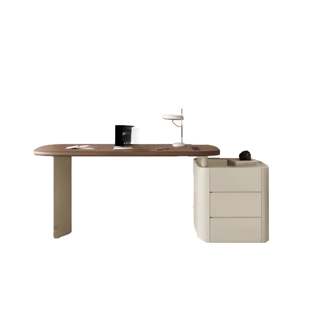 Brown Long Deep Oval Wood Desk with Drawer and Shelves Image - 8