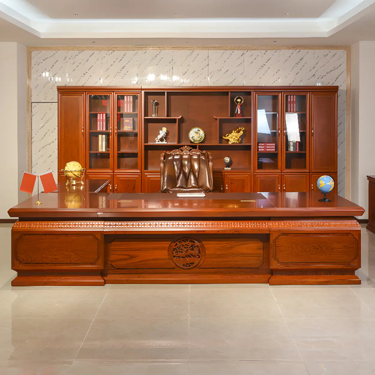 Brown Long Deep Wooden Desk with Drawers and Cabinets Image - 1