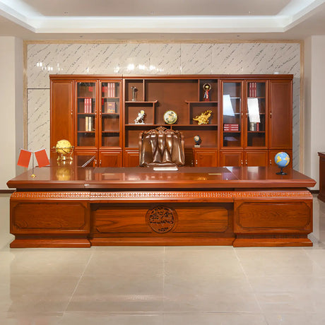 Brown Long Deep Wooden Desk with Drawers and Cabinets Image - 1