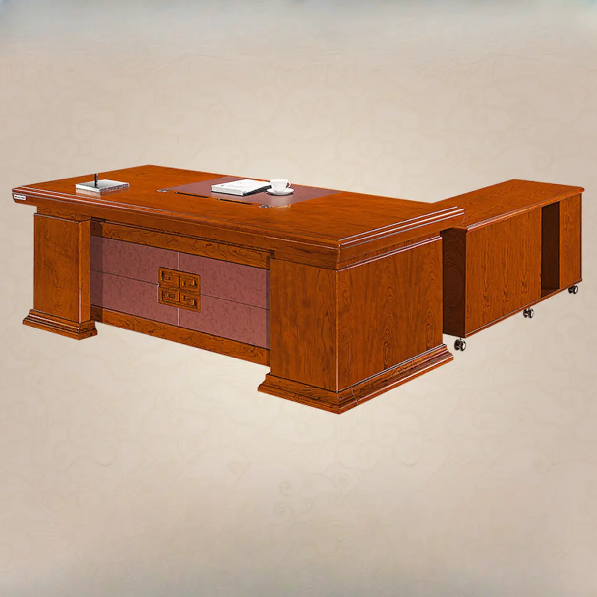 Brown Long Deep Wooden Desk with Drawers and Cabinets Image - 2