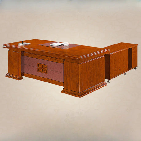 Brown Long Deep Wooden Desk with Drawers and Cabinets Image - 2