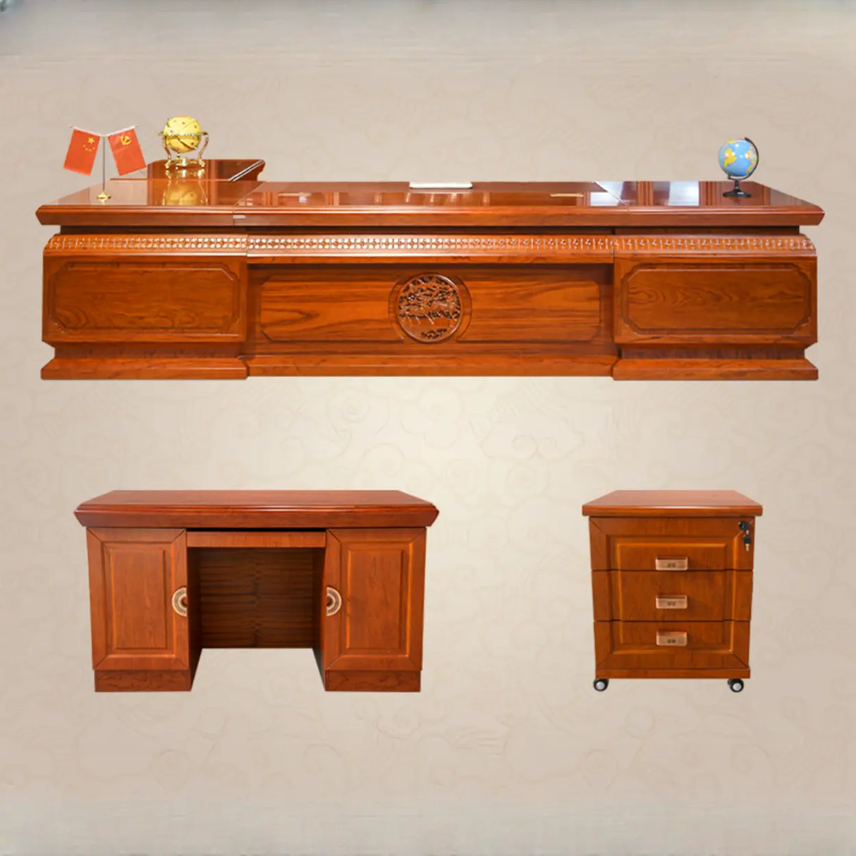 Brown Long Deep Wooden Desk with Drawers and Cabinets Image - 3