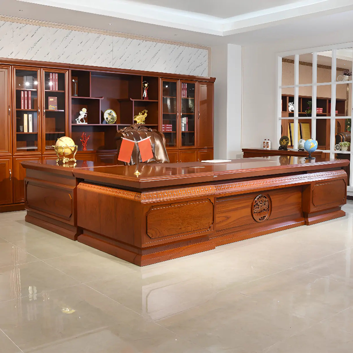 Brown Long Deep Wooden Desk with Drawers and Cabinets Image - 4