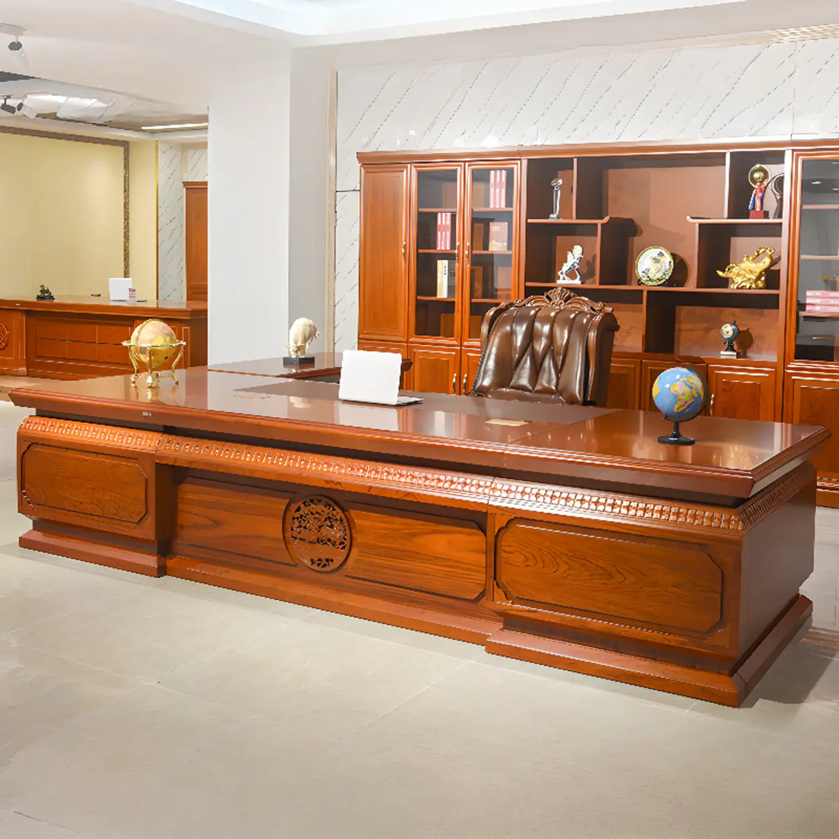 Brown Long Deep Wooden Desk with Drawers and Cabinets Image - 5