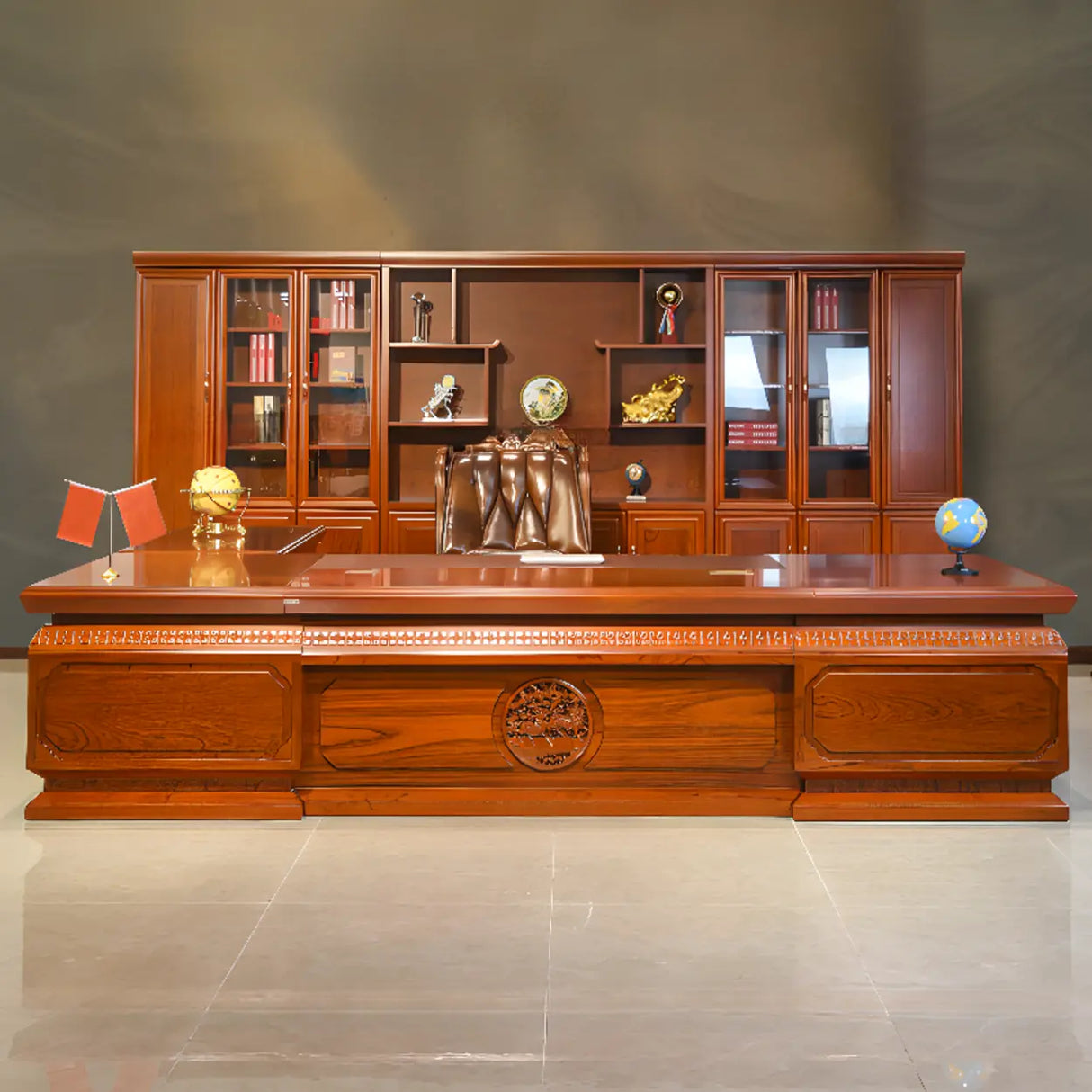 Brown Long Deep Wooden Desk with Drawers and Cabinets Image - 6