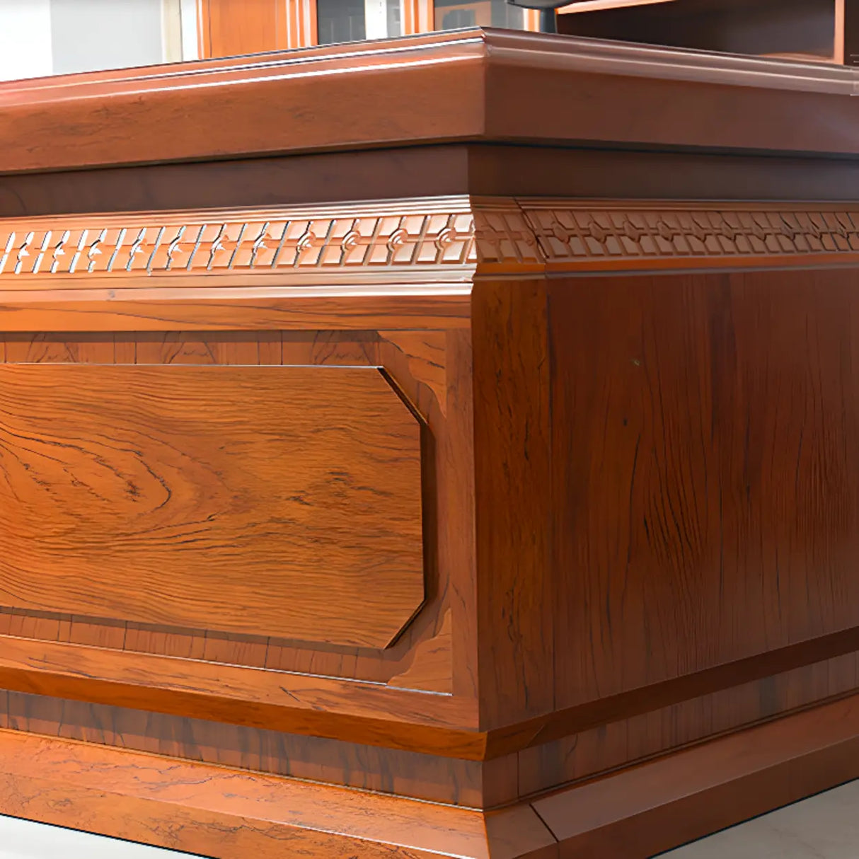 Brown Long Deep Wooden Desk with Drawers and Cabinets Image - 8