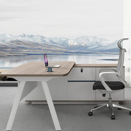 Brown Long L-Shaped Wood Desk with Drawers and Cabinets Image - 1
