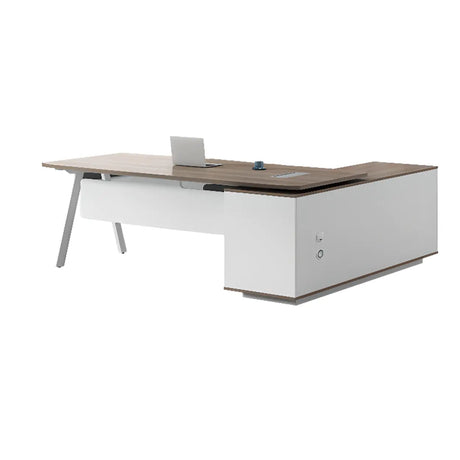 Brown Long L-Shaped Wood Desk with Drawers and Cabinets Image - 2