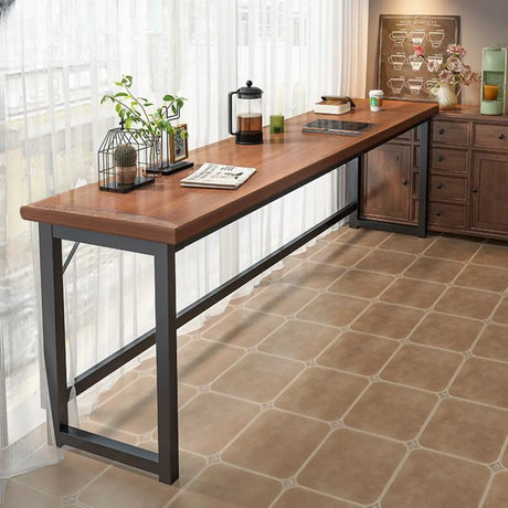 Brown Long Rectangular Wood Bar Table with Footrest Image - 2