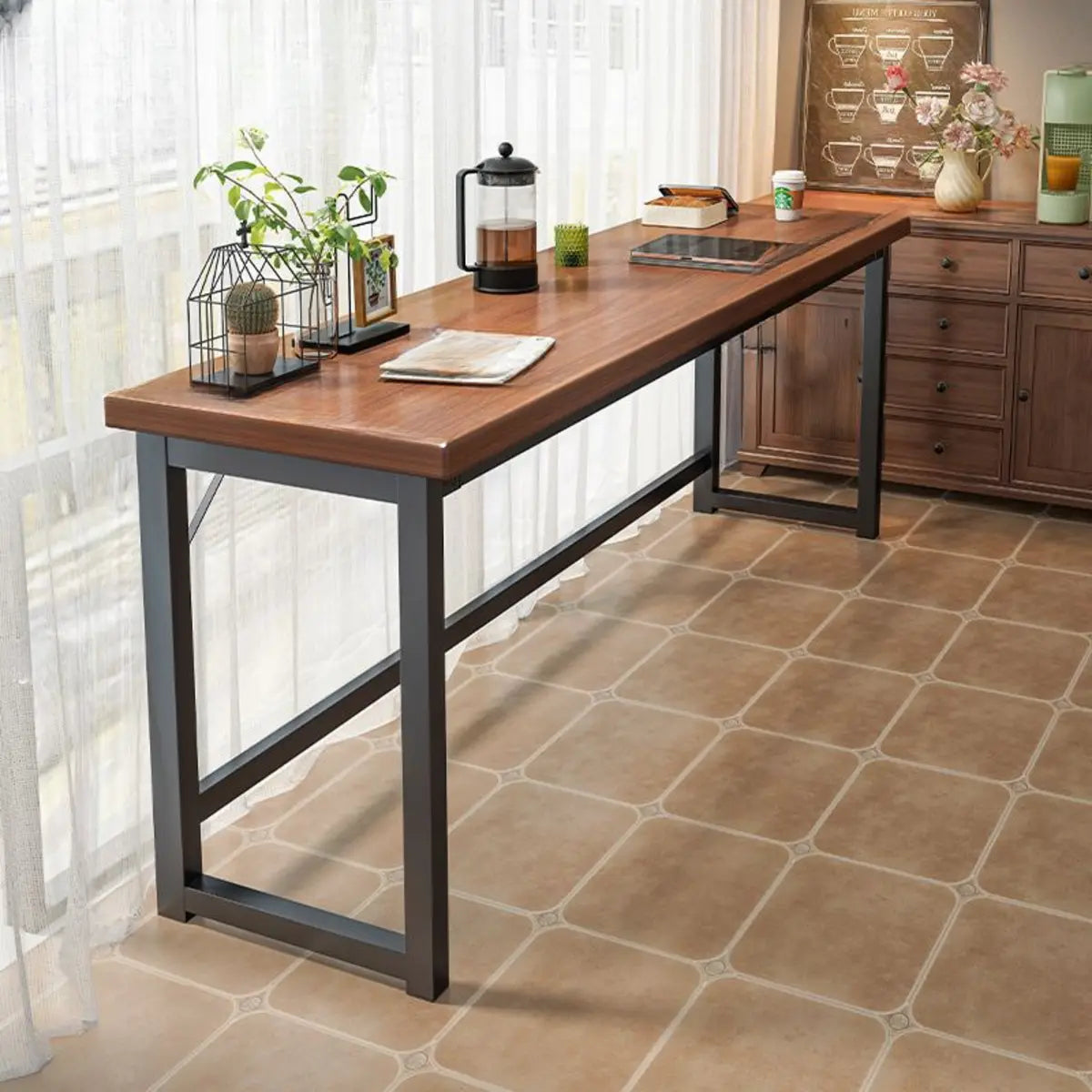 Brown Long Rectangular Wood Bar Table with Footrest Image - 3