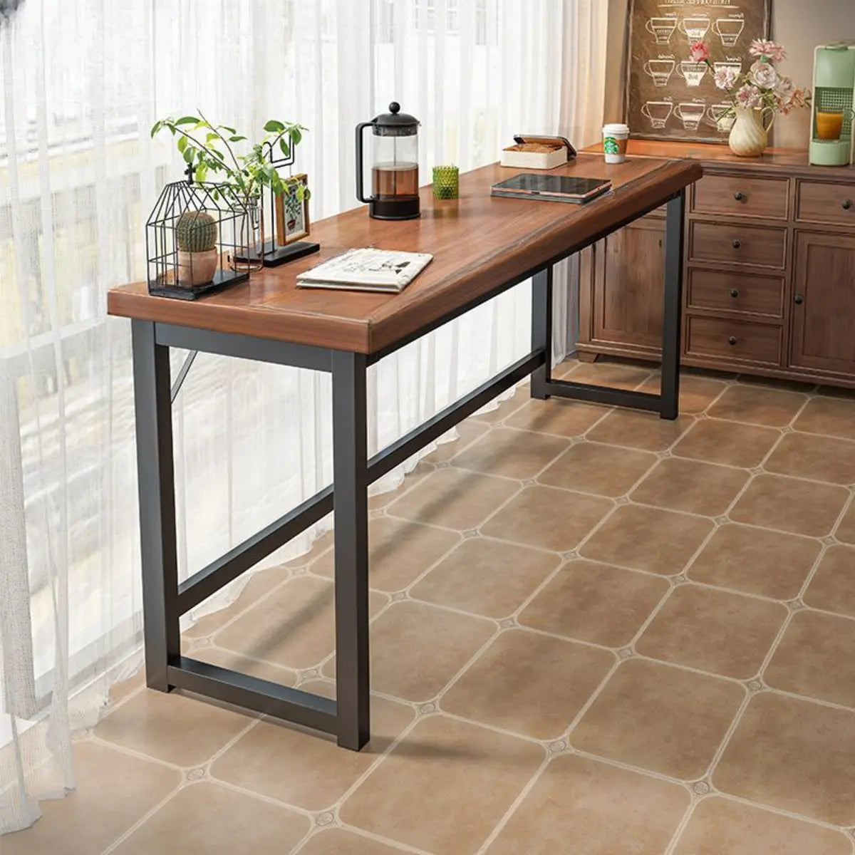 Brown Long Rectangular Wood Bar Table with Footrest Image - 4