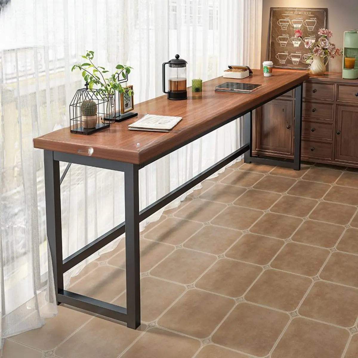 Brown Long Rectangular Wood Bar Table with Footrest Image - 6