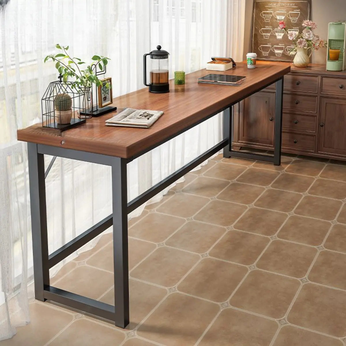 Brown Long Rectangular Wood Bar Table with Footrest Image - 9