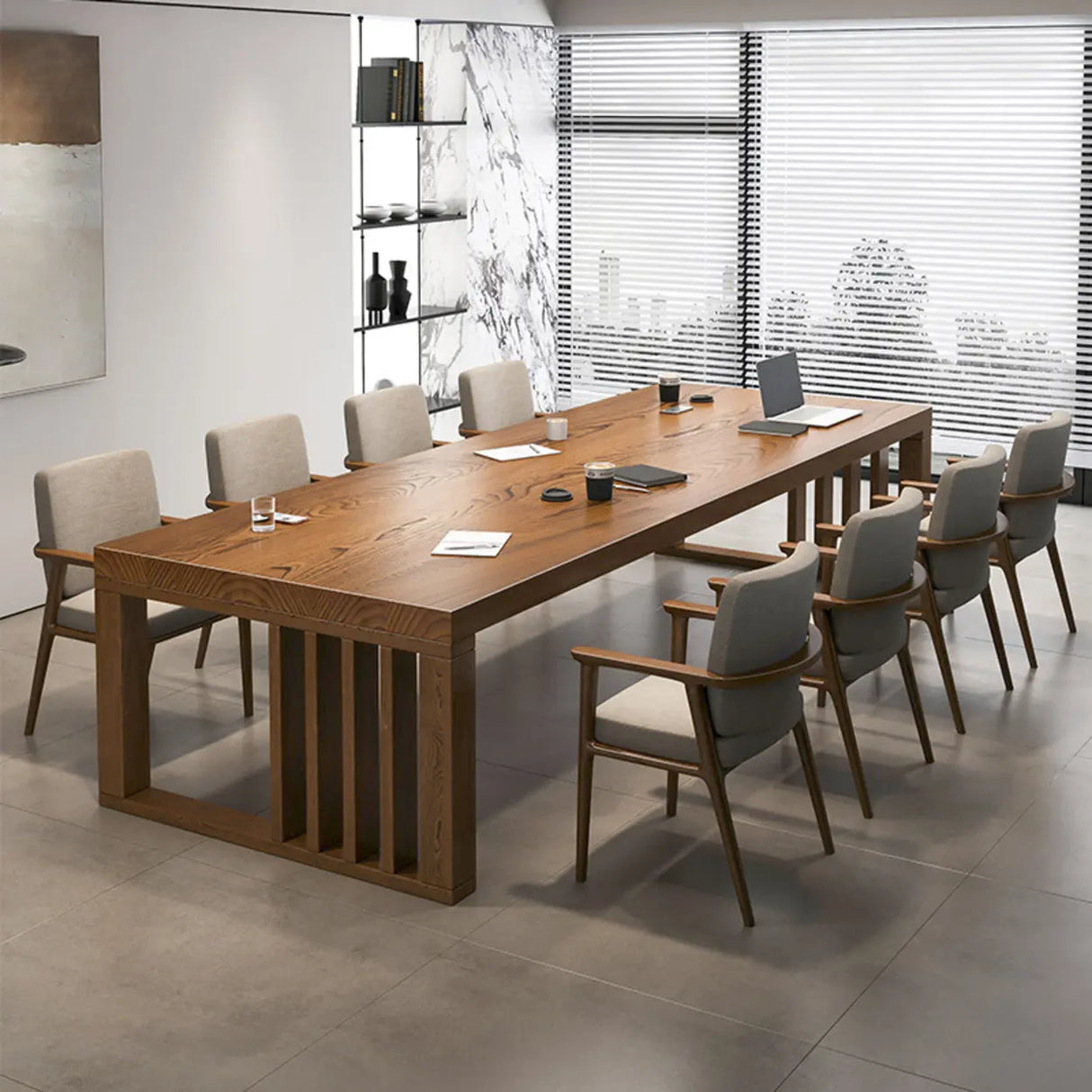 Brown Long Standard Wooden Multi-person Computer Desk  Image - 1