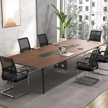 Brown Long Walnut Wooden Multi-person Conference Desk Image - 1