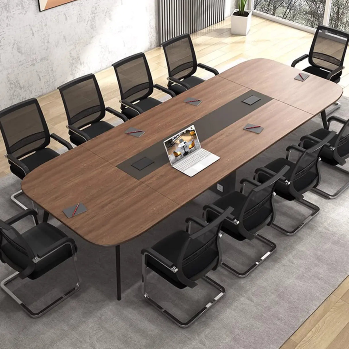 Brown Long Walnut Wooden Multi-person Conference Desk Image - 4