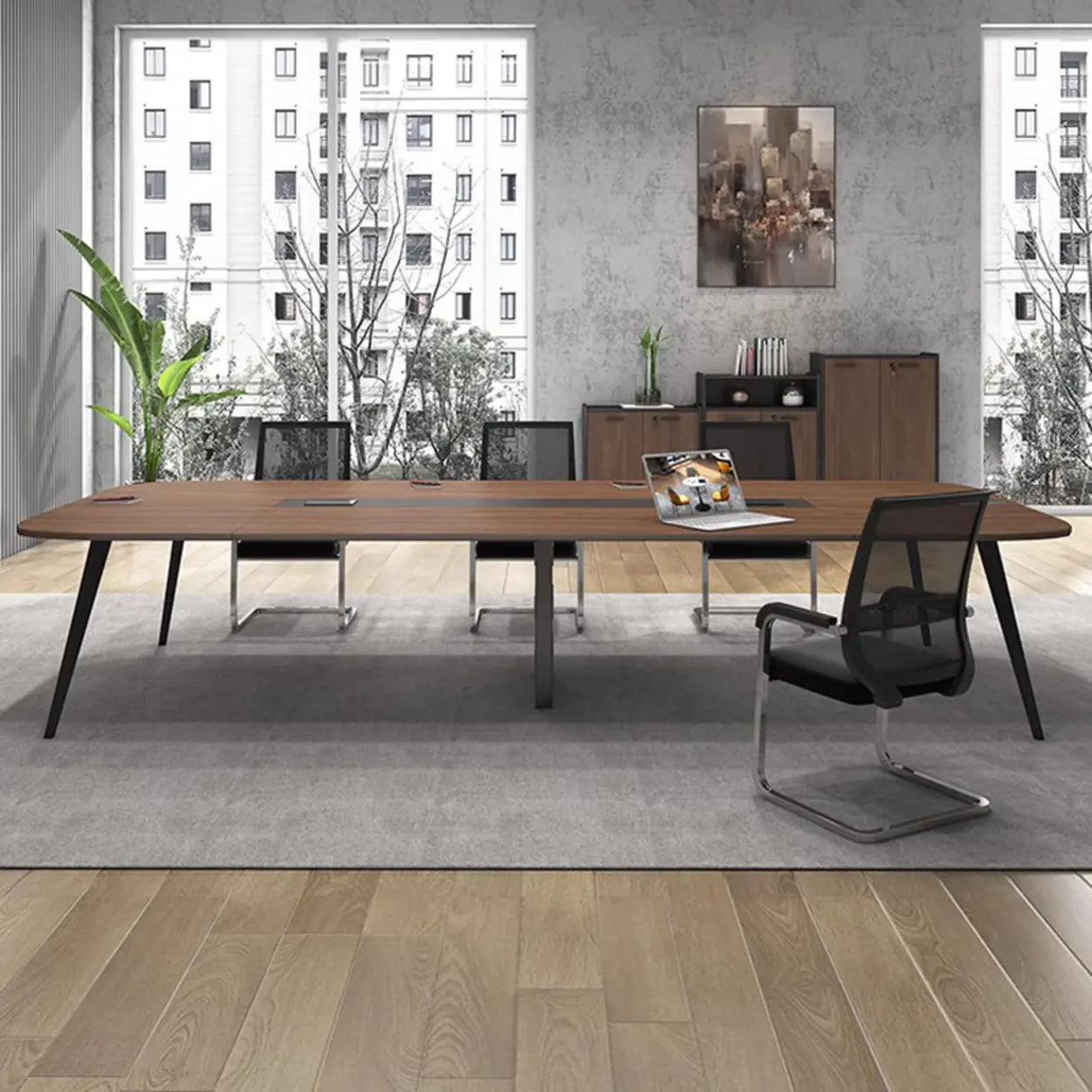 Brown Long Walnut Wooden Multi-person Conference Desk Image - 5
