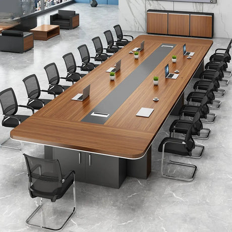 Brown Long Wooden Conference Desk with Storage Image - 1