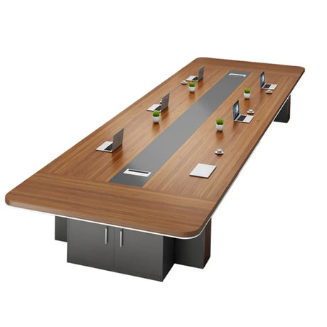Brown Long Wooden Conference Desk with Storage Image - 2