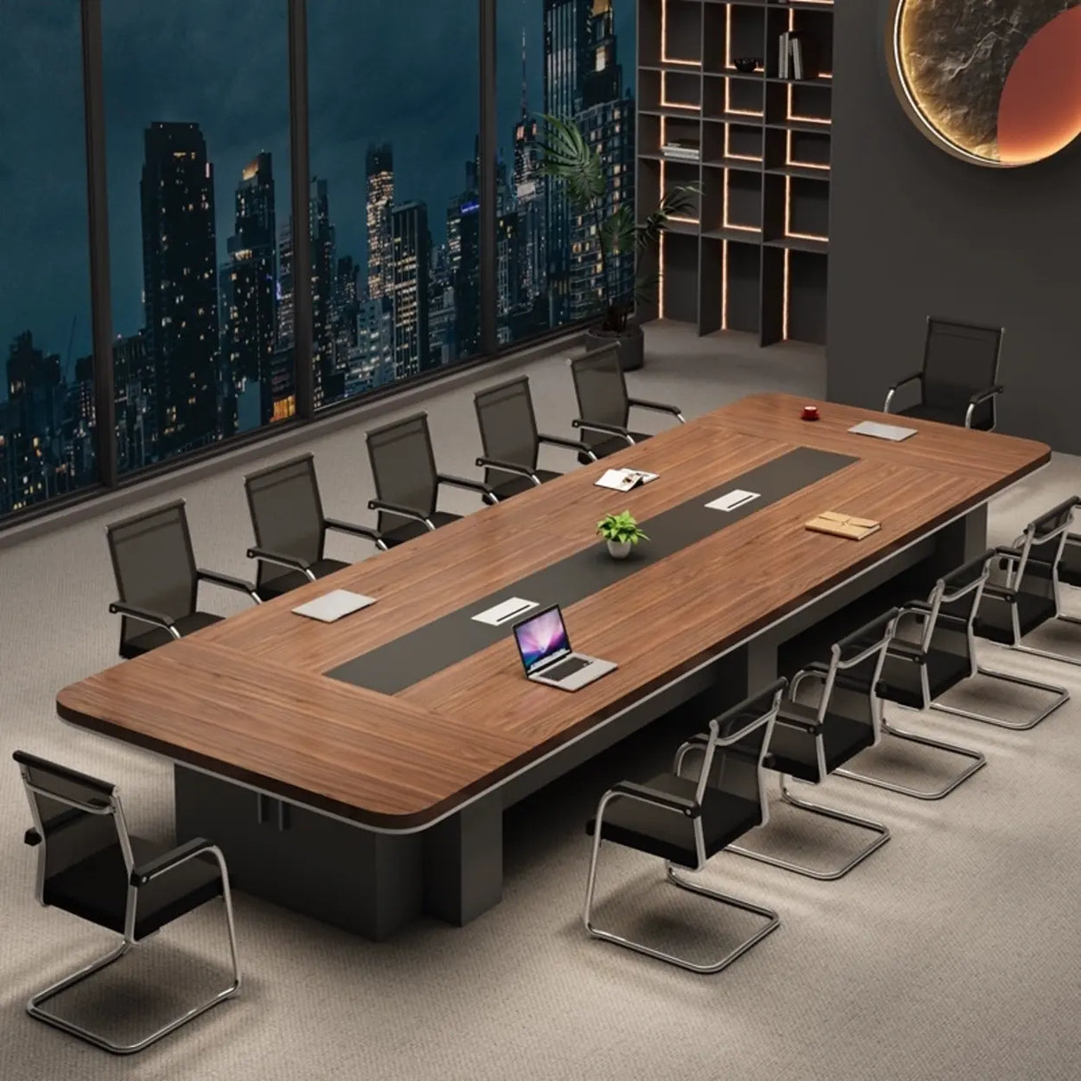 Brown Long Wooden Conference Desk with Storage Image - 4