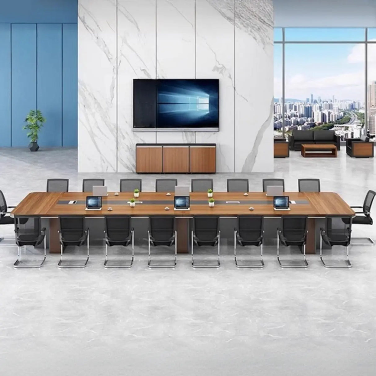 Brown Long Wooden Conference Desk with Storage Image - 5