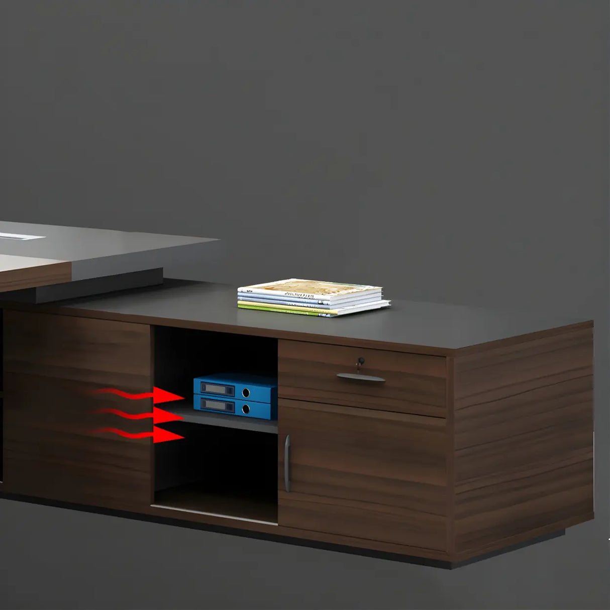 Brown Manufactured Wood L-Shape Storage Executive Desk Image - 11