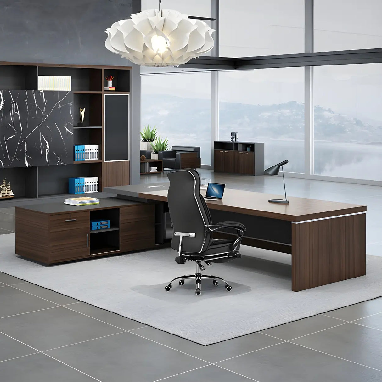 Brown Manufactured Wood L-Shape Storage Executive Desk Image - 5