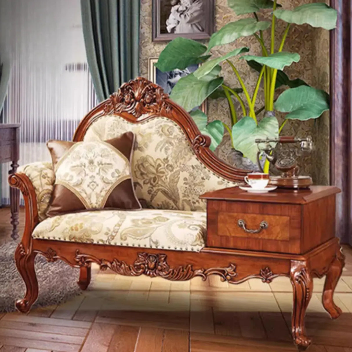 Brown Medium Vintage Wood Chaise Lounge with Storage Image - 1