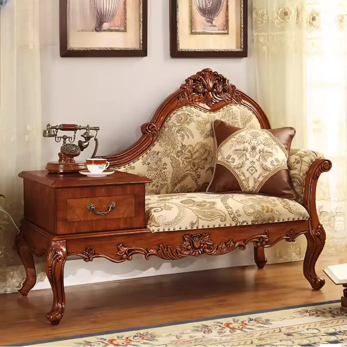 Brown Medium Vintage Wood Chaise Lounge with Storage Image - 2