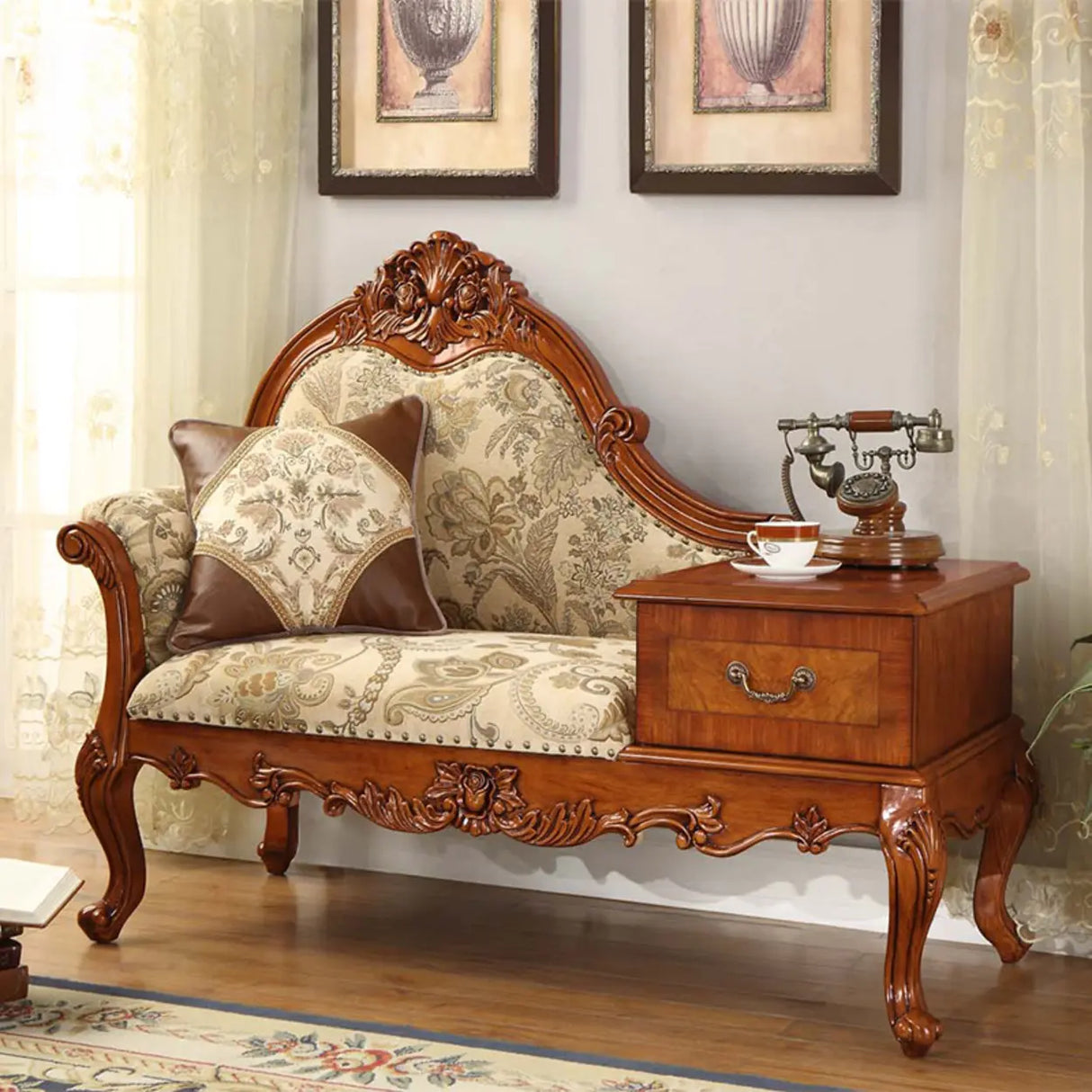 Brown Medium Vintage Wood Chaise Lounge with Storage Image - 3