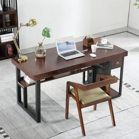 Brown Medium Wood Computer Desk with Drawer and Shelves Image - 1