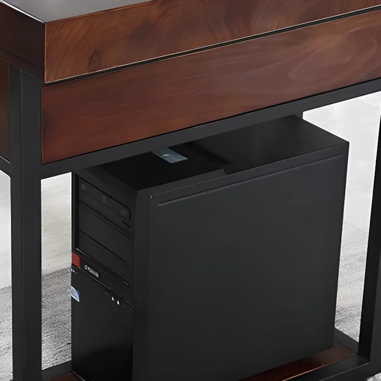 Brown Medium Wood Computer Desk with Drawer and Shelves Image - 9