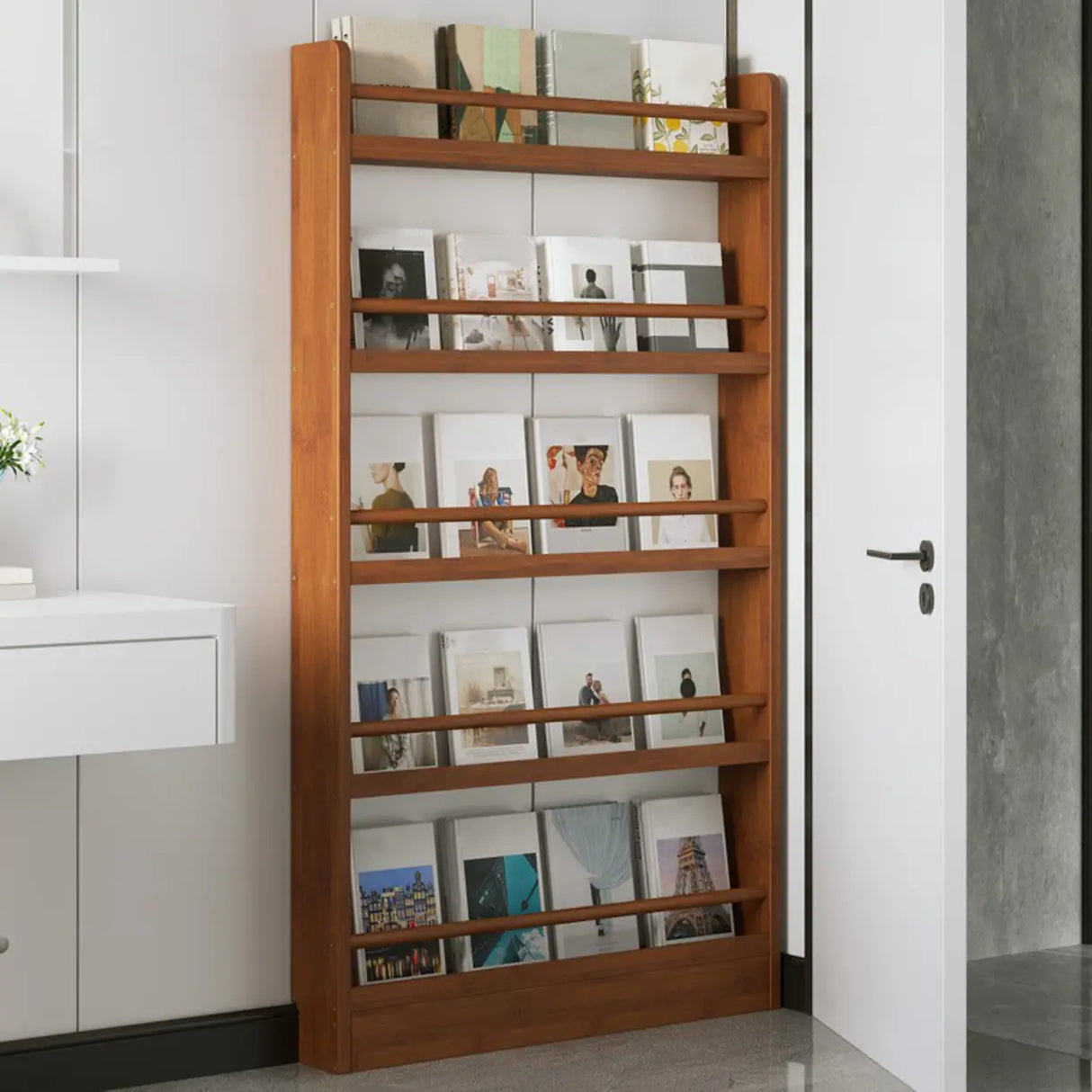 Brown Modern Multi-layer Wood Vertical Storage Bookcase Image - 4