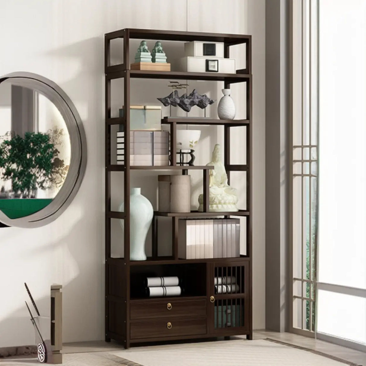 Brown Modern Open Back Hardwood Large Storage Bookshelf Image - 11