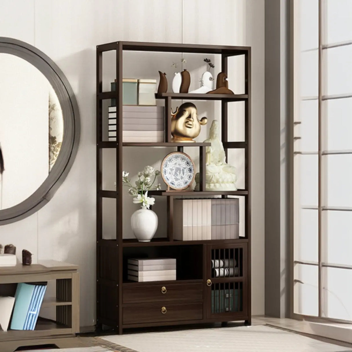 Brown Modern Open Back Hardwood Large Storage Bookshelf Image - 15