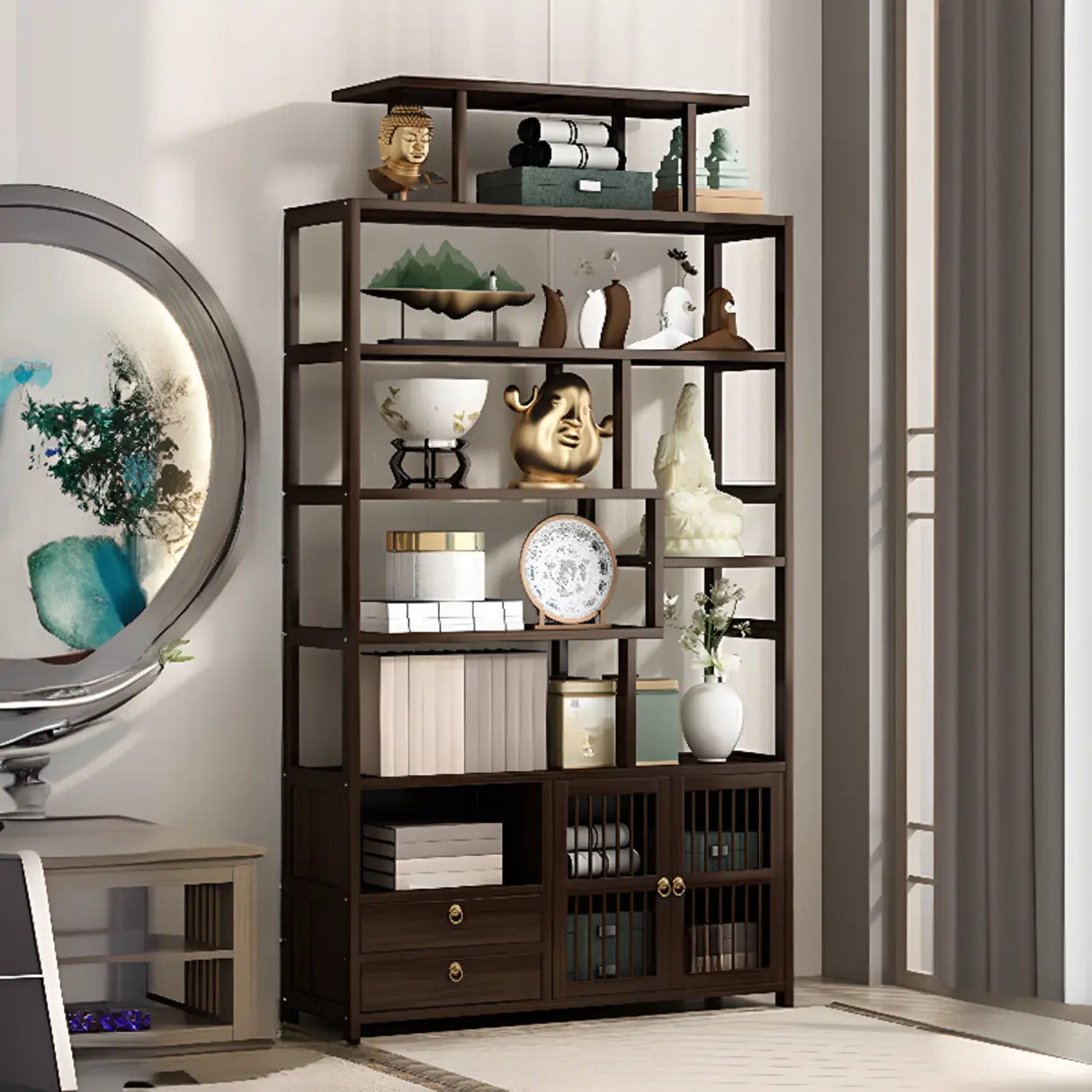 Brown Modern Open Back Hardwood Large Storage Bookshelf Image - 18