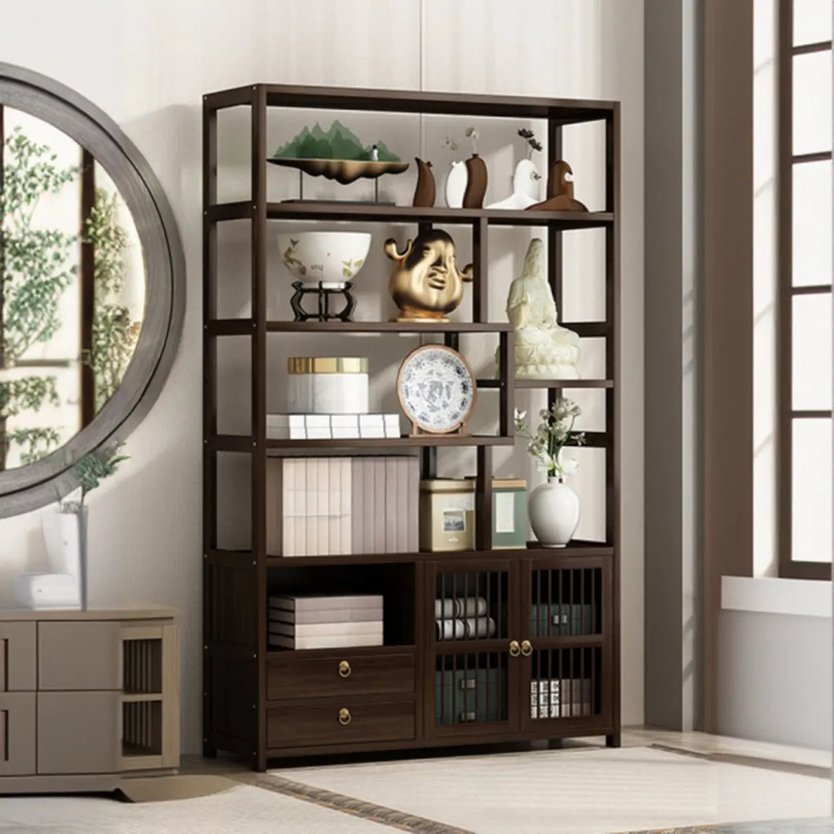 Brown Modern Open Back Hardwood Large Storage Bookshelf Image - 19