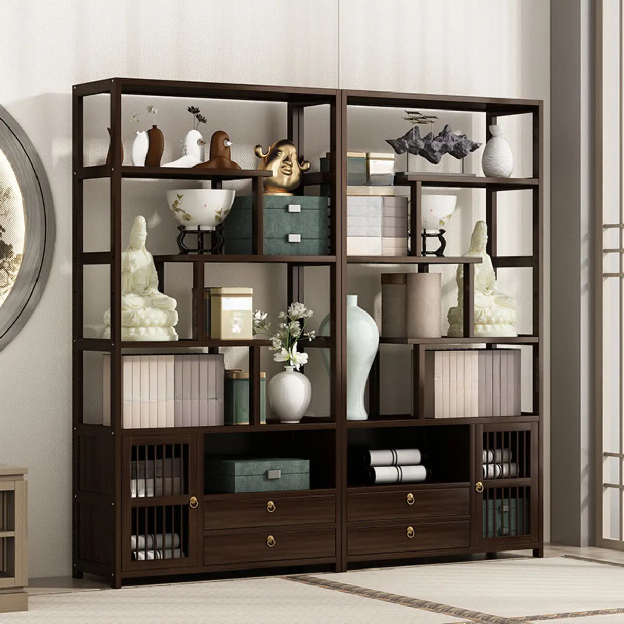 Brown Modern Open Back Hardwood Large Storage Bookshelf Image - 3