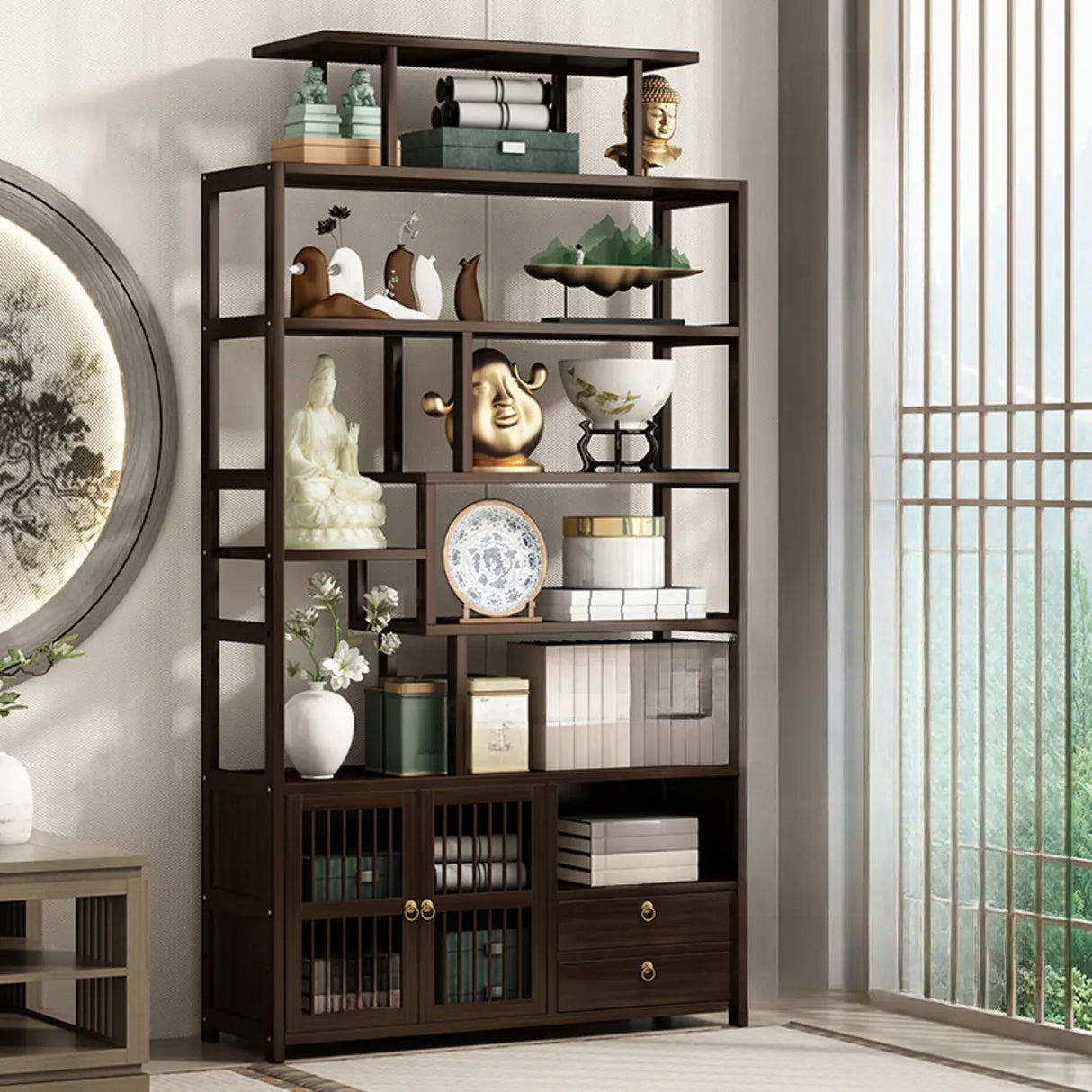 Brown Modern Open Back Hardwood Large Storage Bookshelf Image - 4