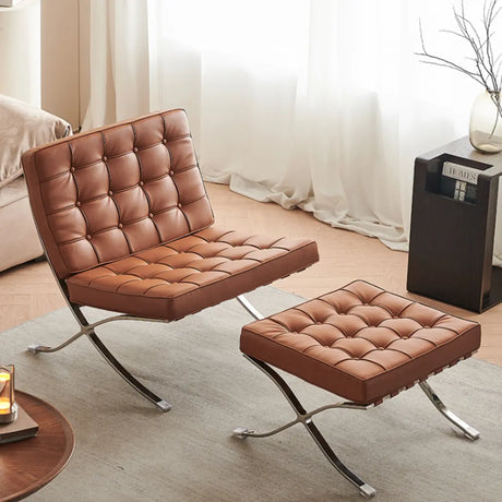 Brown Nappa Leather Tufted Back Cross Base Lounge Chair Image - 1