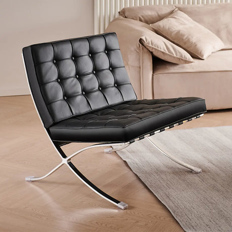 Brown Nappa Leather Tufted Back Cross Base Lounge Chair Image - 2