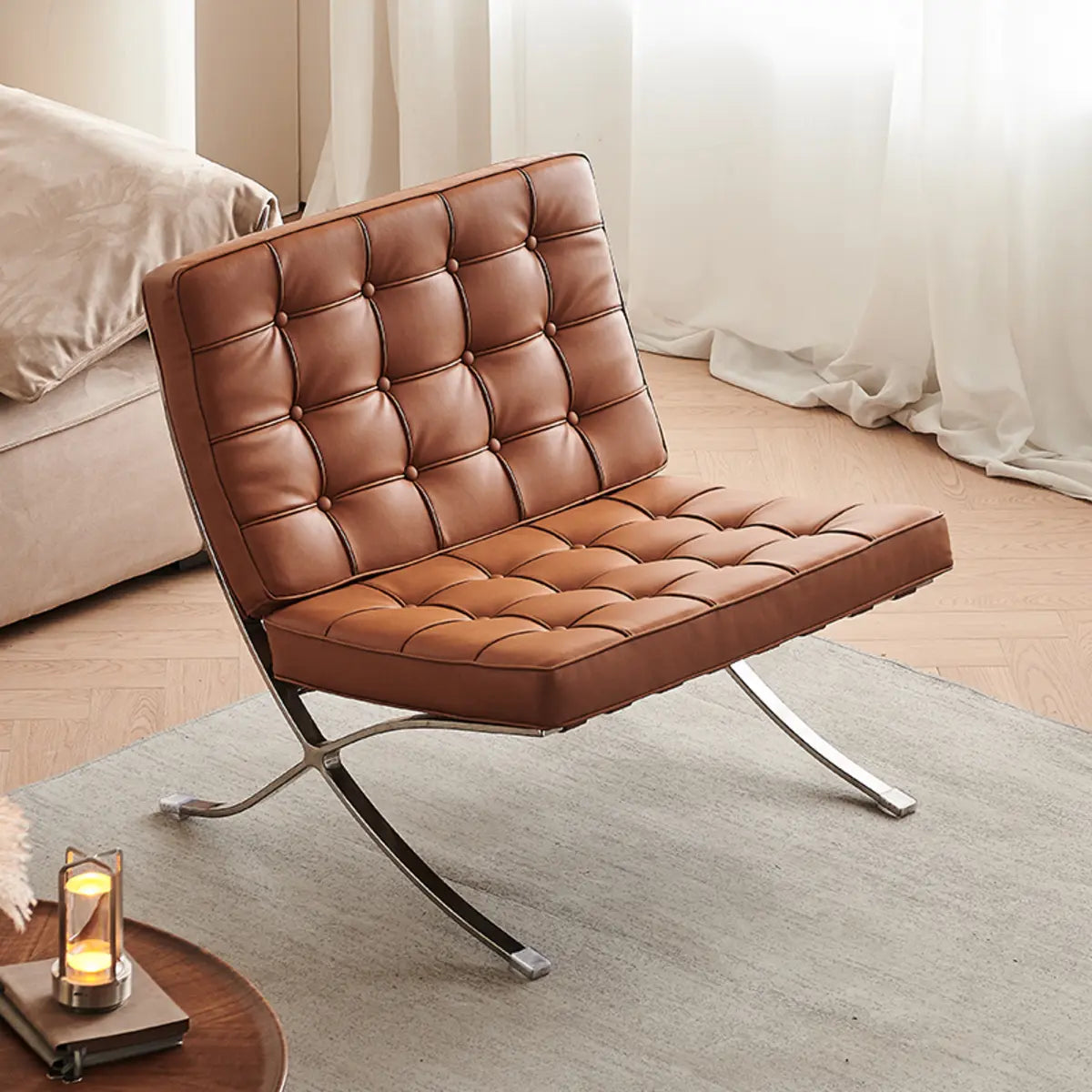 Brown Nappa Leather Tufted Back Cross Base Lounge Chair Image - 3