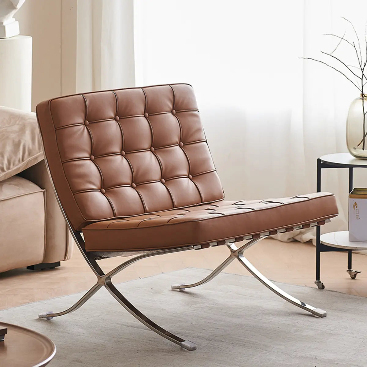 Brown Nappa Leather Tufted Back Cross Base Lounge Chair Image - 4