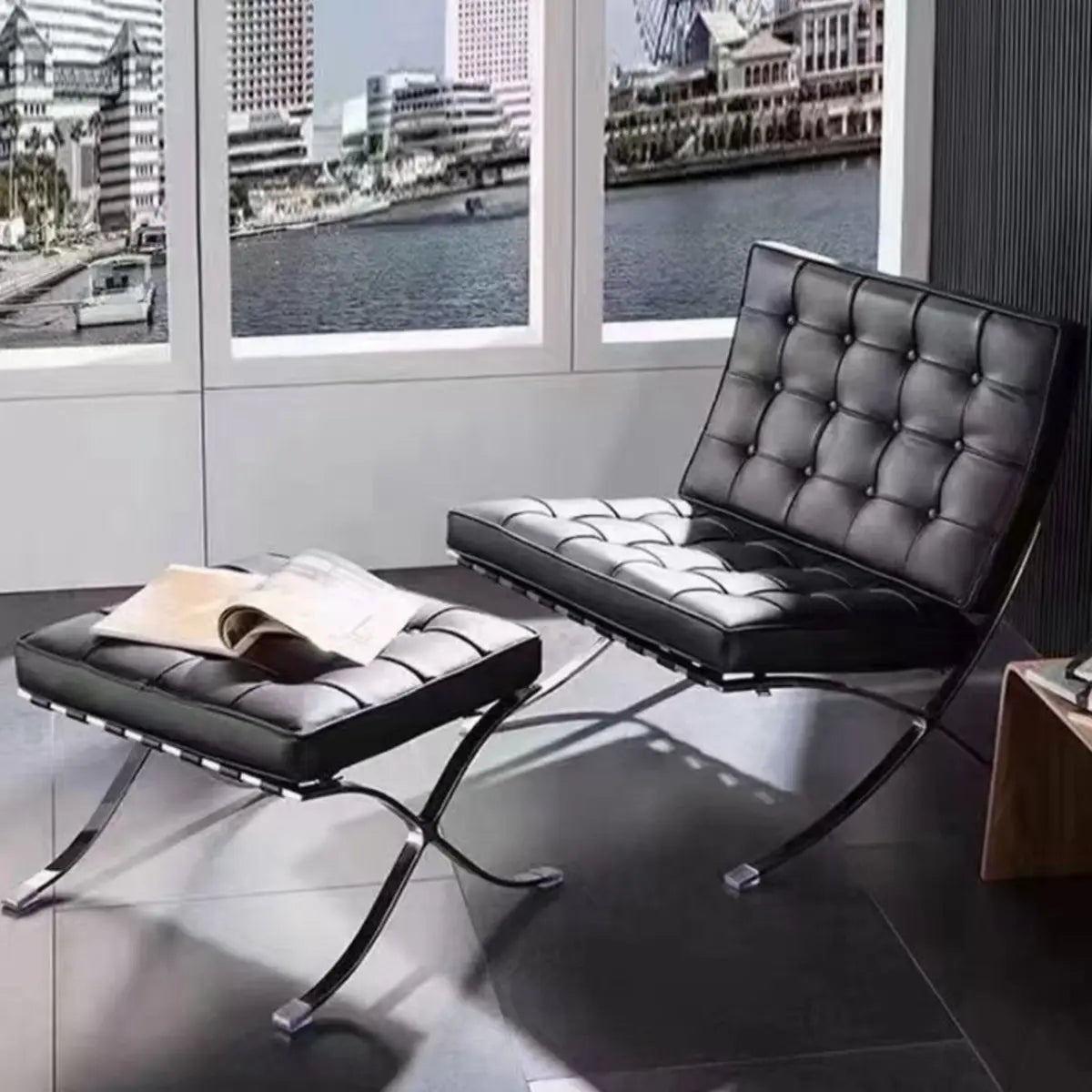 Brown Nappa Leather Tufted Back Cross Base Lounge Chair Image - 5